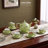  Bộ ấm chén Bưởi lửa màu vân đá vẽ đào trắng, đài sen - Gốm sứ Bát Tràng cao cấp 