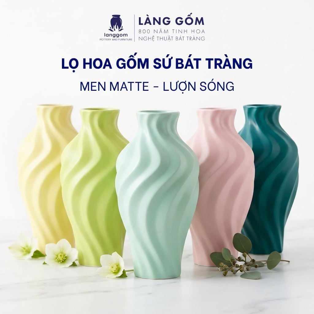  Bình cắm hoa trang trí kiểu lượn sóng màu pastel men matte - Gốm Sứ Bát Tràng cao cấp 