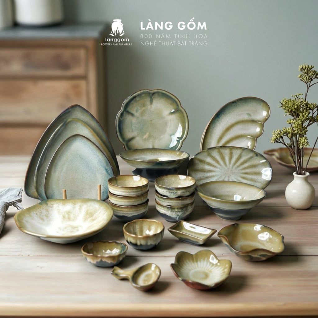  Bộ bát đĩa, bộ bàn ăn gia đình men hỏa biến màu ngọc trai, dành cho 4-6 người - Gốm sứ Bát Tràng - Làng Gốmv 
