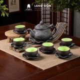  Bộ Ấm Chén Đất Nung Bát Tràng Cao Cấp Kèm Đĩa Cánh Sen Màu Đen - Bộ Ấm Trà Gốm Mộc Sang Trọng Làm Quà Tặng - Làng Gốm 