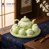  Bộ Ấm Chén Kèm Khay Tròn Bát Tràng Màu Vân Đá Vẽ Đào Trắng 350ml - Bộ Bình Trà Gốm Sứ Đẹp Làm Quà Tặng 
