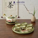  Bộ ấm chén dáng quai chuôi vẽ trúc xanh kèm khay tròn 