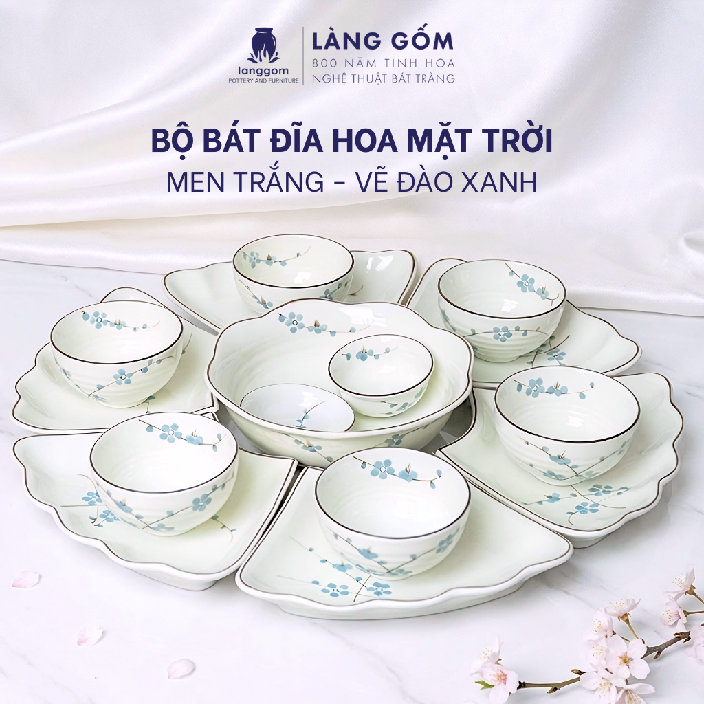  Bộ Đồ Ăn Hoa Mặt Trời Vẽ Đào Xanh Men Trắng Cao Cấp Bát Tràng 