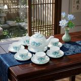  Bộ ấm chén bưởi cành men trắng vẽ hoa sen xanh 