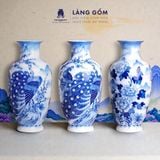  Lục bình phong thủy men lam Bát Tràng vẽ tay Khổng tước Cát Tường, Mẫu đơn Trường Xuân 