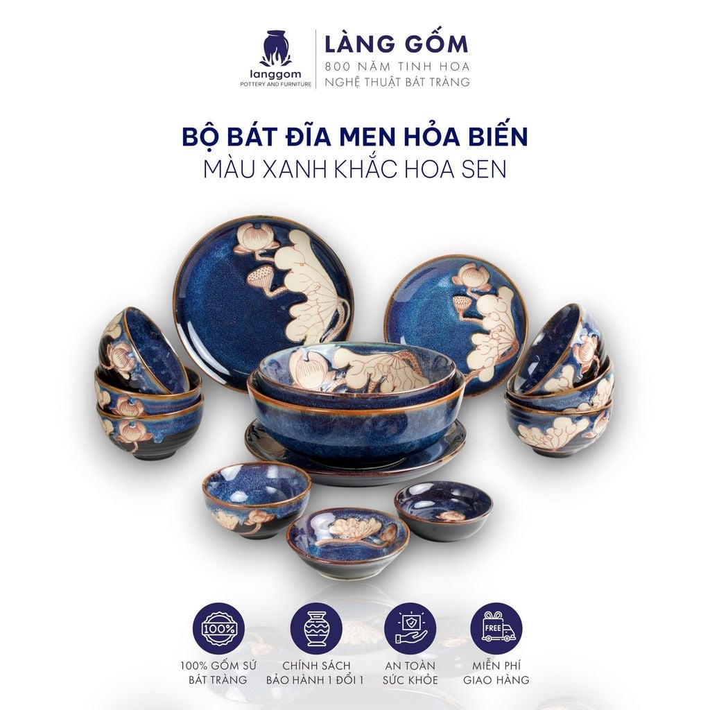  Bộ bàn ăn hoả biến 14 món - Xanh khắc sen 