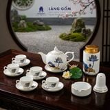  Bộ ấm chén dáng Bưởi lửa men trắng chỉ vàng vẽ sen xanh 