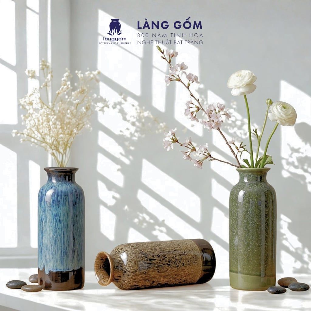  Bình hoa, lọ hoa Gốm sứ Bát Tràng cao cấp Men hỏa biến chai thẳng dùng làm quà tặng, trang trí 