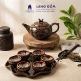  Bộ Ấm Chén Men Hỏa Biến Hoàng Kim Sa Kèm Khay Sen - Trà Cụ Cao Cấp Gốm Sứ Bát Tràng - Quà Tặng Sang Trọng 