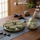  Bộ Ấm Chén Bát Tràng Vẽ Tay Kiểu Giỏ Cua Vẽ Tre Xanh Kèm Khay Tròn 350ml 