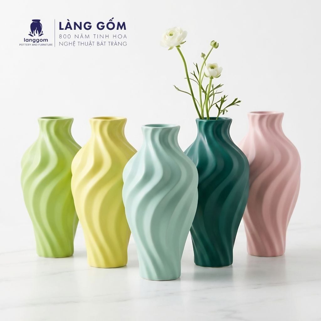  Bình cắm hoa trang trí kiểu lượn sóng màu pastel men matte - Gốm Sứ Bát Tràng cao cấp 