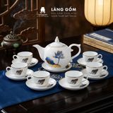  Bộ ấm chén dáng Bưởi lửa men trắng chỉ vàng vẽ sen xanh 