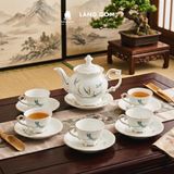  Bộ ấm chén uống trà dáng phú quý men trắng vẽ trúc chuồn viền vàng kim - Dung tích 500ml 