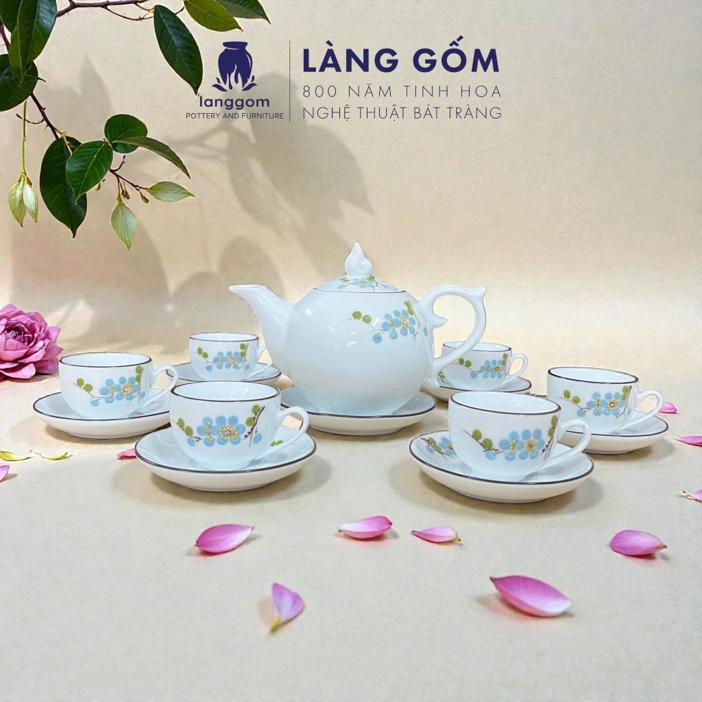  Bộ ấm chén men trắng bưởi lửa vẽ hoa đào xanh kèm hộp 