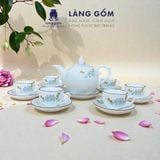 [GIÀM 20% - QUÀ TẾT 2026] Bộ ấm chén men trắng bưởi lửa vẽ hoa đào xanh kèm hộp 