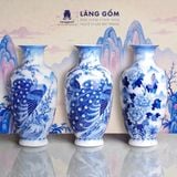  Lục bình phong thủy men lam Bát Tràng vẽ tay Khổng tước Cát Tường, Mẫu đơn Trường Xuân 