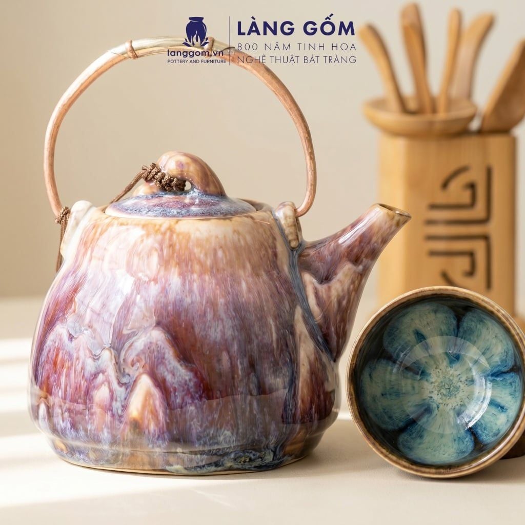  Bộ Ấm Chén Men Hỏa Biến Màu Cẩm Lai Gốm Bát Tràng 