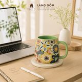  Cốc Trà Gốm Thủ Công Men Bách Hoa Khắc Nổi Có Quai 