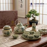  Bộ Ấm Chén Bát Tràng Vẽ Tay Kiểu Giỏ Cua Vẽ Tre Xanh Kèm Khay Tròn 350ml 
