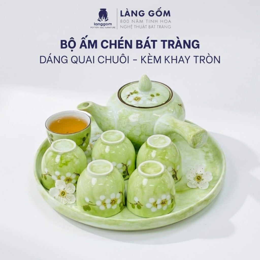  Bộ Ấm Chén Kèm Khay Tròn Bát Tràng Màu Vân Đá Vẽ Đào Trắng 350ml - Bộ Bình Trà Gốm Sứ Đẹp Làm Quà Tặng 