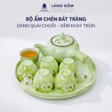  Bộ Ấm Chén Kèm Khay Tròn Bát Tràng Màu Vân Đá Vẽ Đào Trắng 350ml - Bộ Bình Trà Gốm Sứ Đẹp Làm Quà Tặng 