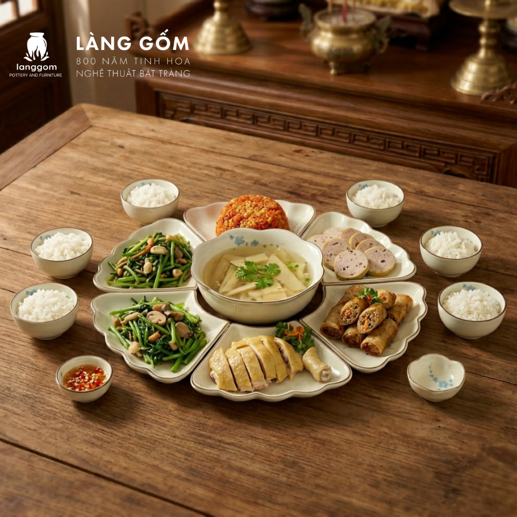  Bộ Đồ Ăn Hoa Mặt Trời Vẽ Đào Xanh Men Trắng Cao Cấp Bát Tràng 