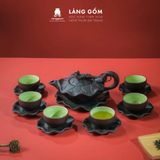  Bộ Ấm Chén Đất Nung Bát Tràng Cao Cấp Kèm Đĩa Cánh Sen Màu Đen - Bộ Ấm Trà Gốm Mộc Sang Trọng Làm Quà Tặng - Làng Gốm 