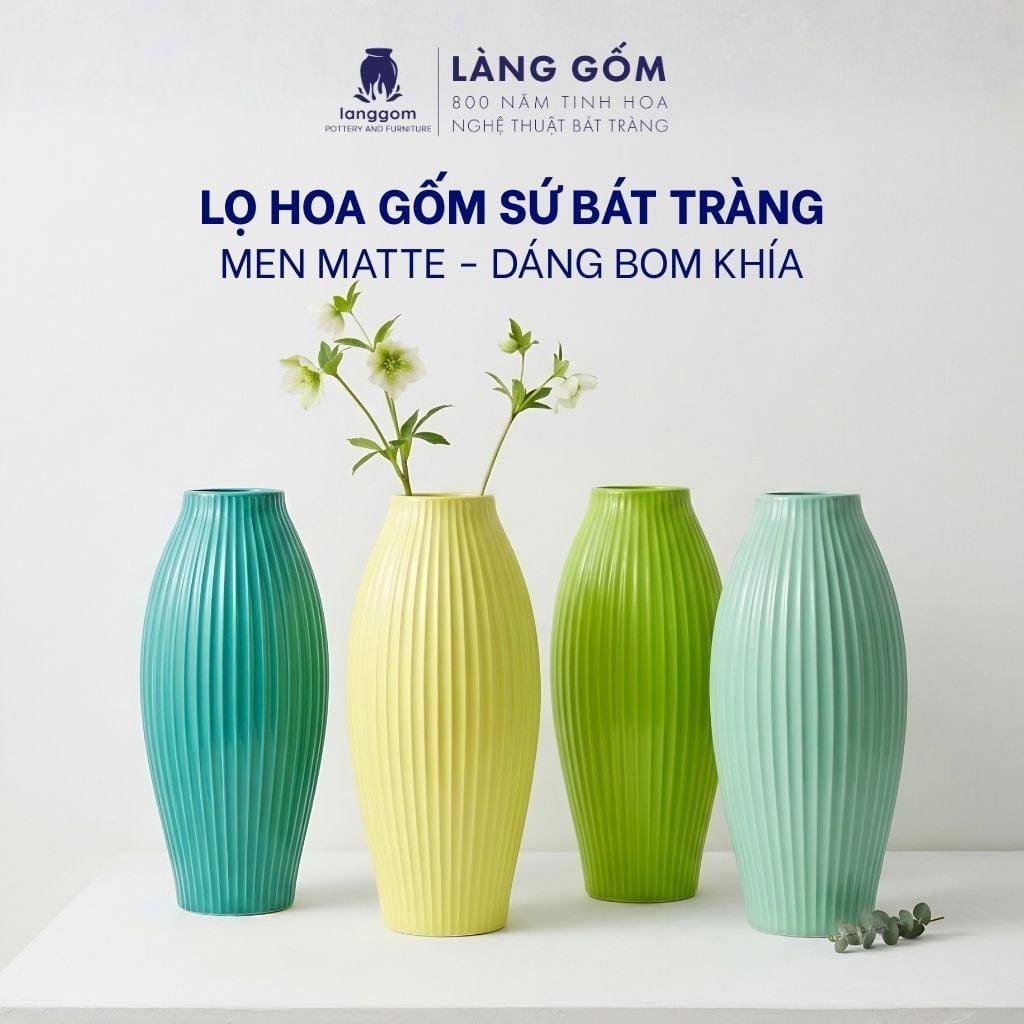  Bình cắm hoa trang trí gốm sứ Bát Tràng kiểu quả bom khía màu pastel, men mát, dùng để bàn, phòng khách 