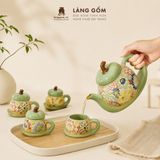  Bộ Ấm Trà Gốm Biên Hòa Men Bách Hoa Dáng Măng Cụt Khắc Nổi 