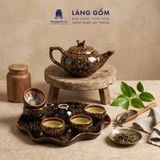  Bộ Ấm Chén Men Hỏa Biến Hoàng Kim Sa Kèm Khay Sen - Trà Cụ Cao Cấp Gốm Sứ Bát Tràng - Quà Tặng Sang Trọng 