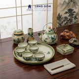  Bộ Ấm Chén Bát Tràng Vẽ Tay Kiểu Giỏ Cua Vẽ Tre Xanh Kèm Khay Tròn 350ml 