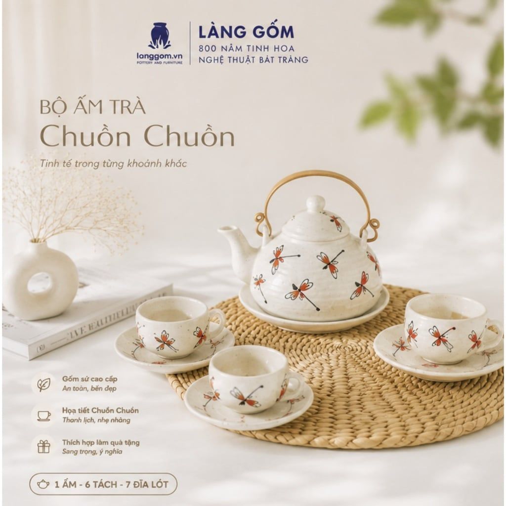  Bộ Ấm Chén Bát Tràng Vẽ Tay Chuồn Chuồn Đỏ Cao Cấp – Bộ Trà Gốm Sứ Quà Tặng Sang Trọng 