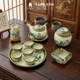  Bộ ấm chén dáng quai chuôi vẽ trúc xanh kèm khay tròn 