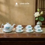  Bộ ấm chén bưởi cành men trắng vẽ hoa sen xanh 