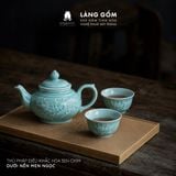  Bộ Ấm Chén Bát Tràng Thanh Ngọc Liên Hoa Họa Tiết Khắc Sen Chìm Thủ Công, Uống Trà Quà Tặng Cao Cấp - Làng Gốm 