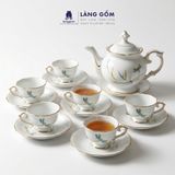  Bộ ấm chén uống trà dáng phú quý men trắng vẽ trúc chuồn viền vàng kim - Dung tích 500ml 