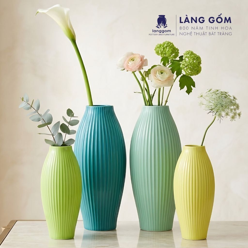  Bình cắm hoa trang trí gốm sứ Bát Tràng kiểu quả bom khía màu pastel, men mát, dùng để bàn, phòng khách 