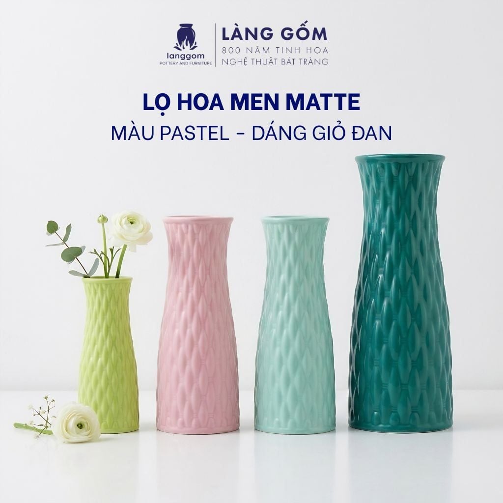  Bình cắm hoa trang trí giỏ đan màu pastel, men mát, gốm sứ Bát Tràng cao cấp, dùng để bàn, phòng khách 