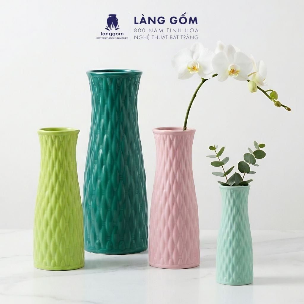 Bình cắm hoa trang trí giỏ đan màu pastel, men mát, gốm sứ Bát Tràng cao cấp, dùng để bàn, phòng khách 