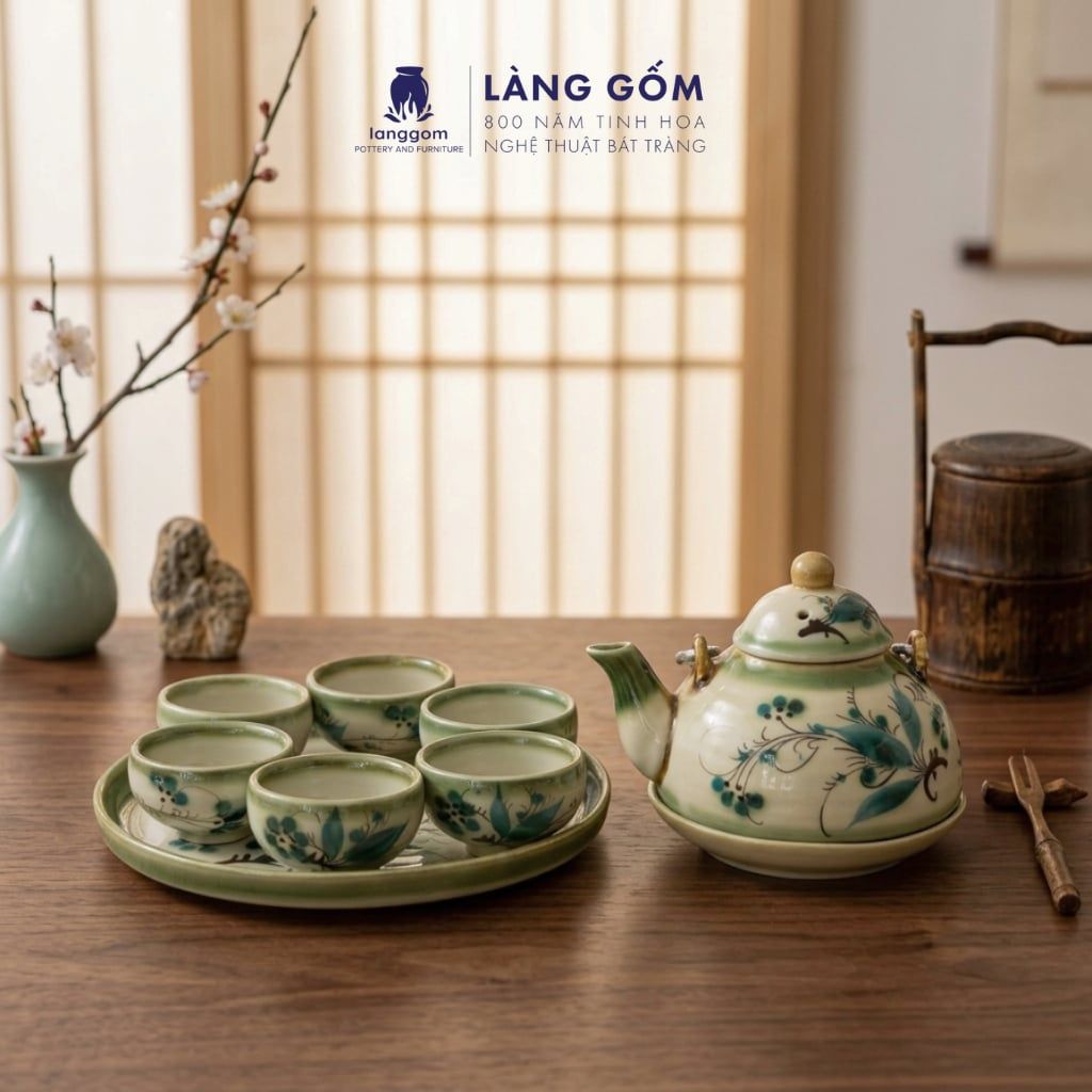  Bộ Ấm Chén Bát Tràng Vẽ Tay Kiểu Giỏ Cua Vẽ Tre Xanh Kèm Khay Tròn 350ml 