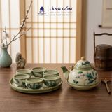  Bộ Ấm Chén Bát Tràng Vẽ Tay Kiểu Giỏ Cua Vẽ Tre Xanh Kèm Khay Tròn 350ml 