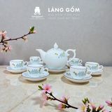  [GIÀM 20% - QUÀ TẾT 2026] Bộ ấm chén men trắng bưởi lửa vẽ hoa đào xanh kèm hộp 