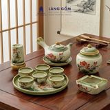  Bộ ấm chén dáng quai chuôi vẽ trúc xanh kèm khay tròn 