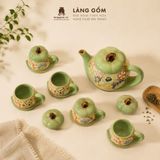  Bộ Ấm Trà Gốm Biên Hòa Men Bách Hoa Dáng Măng Cụt Khắc Nổi 