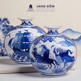  Bình tích lộc phong thủy Bát Tràng men lam cổ hoạ tiết Mã đáo thành công, Thuận buồm xuôi gió 