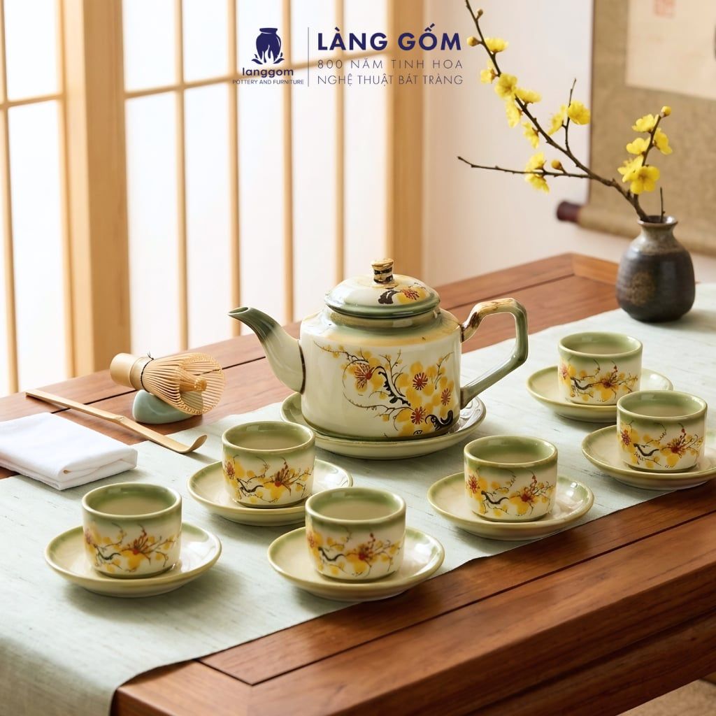  Bộ ấm chén vẽ tay kiểu chữ thập vẽ hoa - dung tích 500ml 