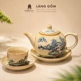  Bộ ấm chén Bát Tràng men hoàng thổ cao cấp kèm đĩa lót - Bộ ấm trà làm quà tặng sang trọng - Làng Gốm 