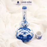  Nậm Rượu Lộc Phát Men Lam Vẽ Tay Hoa Sen Dáng 2 Bầu, Đồ Thờ Cúng, Bình Rượu Thờ - Gốm sứ Bát Tràng 