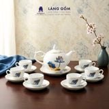  Bộ ấm chén dáng Bưởi lửa men trắng chỉ vàng vẽ sen xanh 