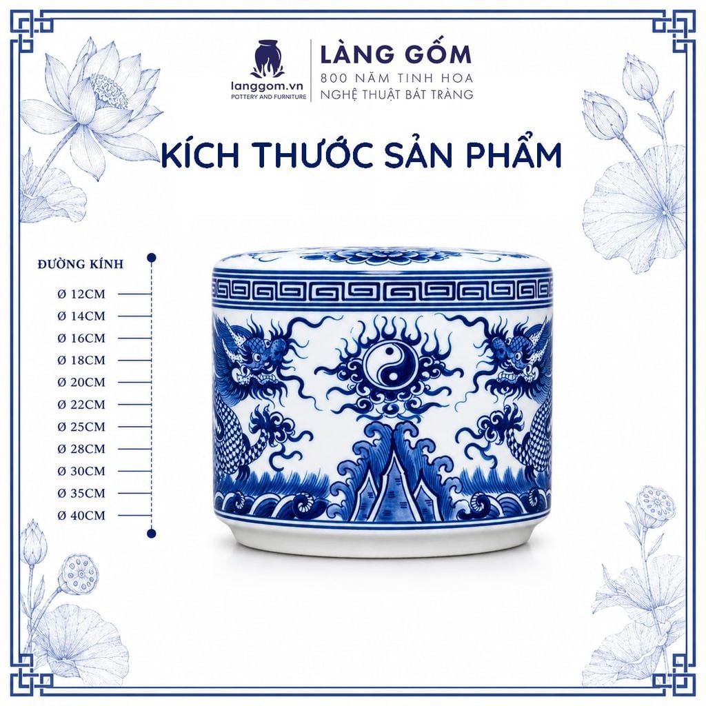  Bát Hương Lộc Phát Men Lam Vẽ Rồng - Đồ Thờ Men Lam Bát Tràng 